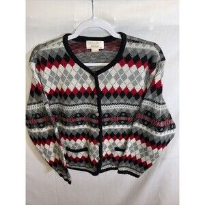 Tally Ho Vintage Cardigan Women’s Size Large Gray Argyle Button Up Long Sleeve